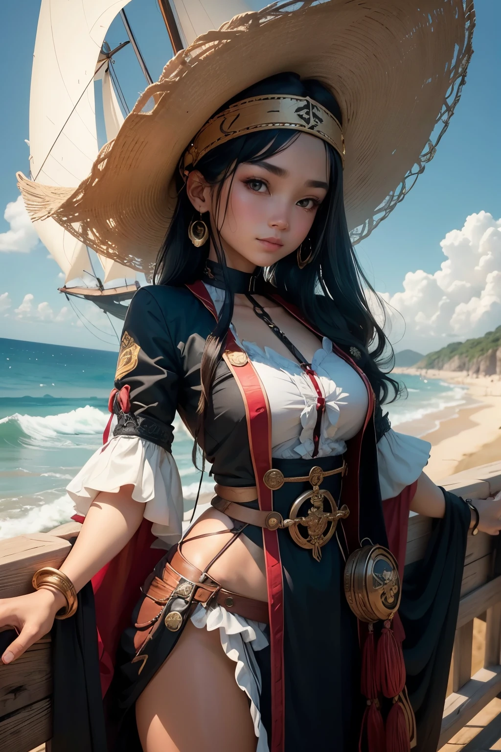 Girl with Pirate Ensemble:
This enchanting image showcases a young girl donning a meticulously crafted pirate outfit, complete with a captivating black-colored pirate hat adorned with a gleaming golden pirate logo. The girl's ethnicity is evident in her Oriental features, and her gaze is as beautiful as the ocean she seems to have sailed upon. A soft smile graces her lips, hinting at her playful and adventurous spirit. The outfit itself is a masterpiece of high quality, boasting elegant red, black, and white hues that pop against her fair skin. The visual detail is stunning, with every stitch and seam visible in 4