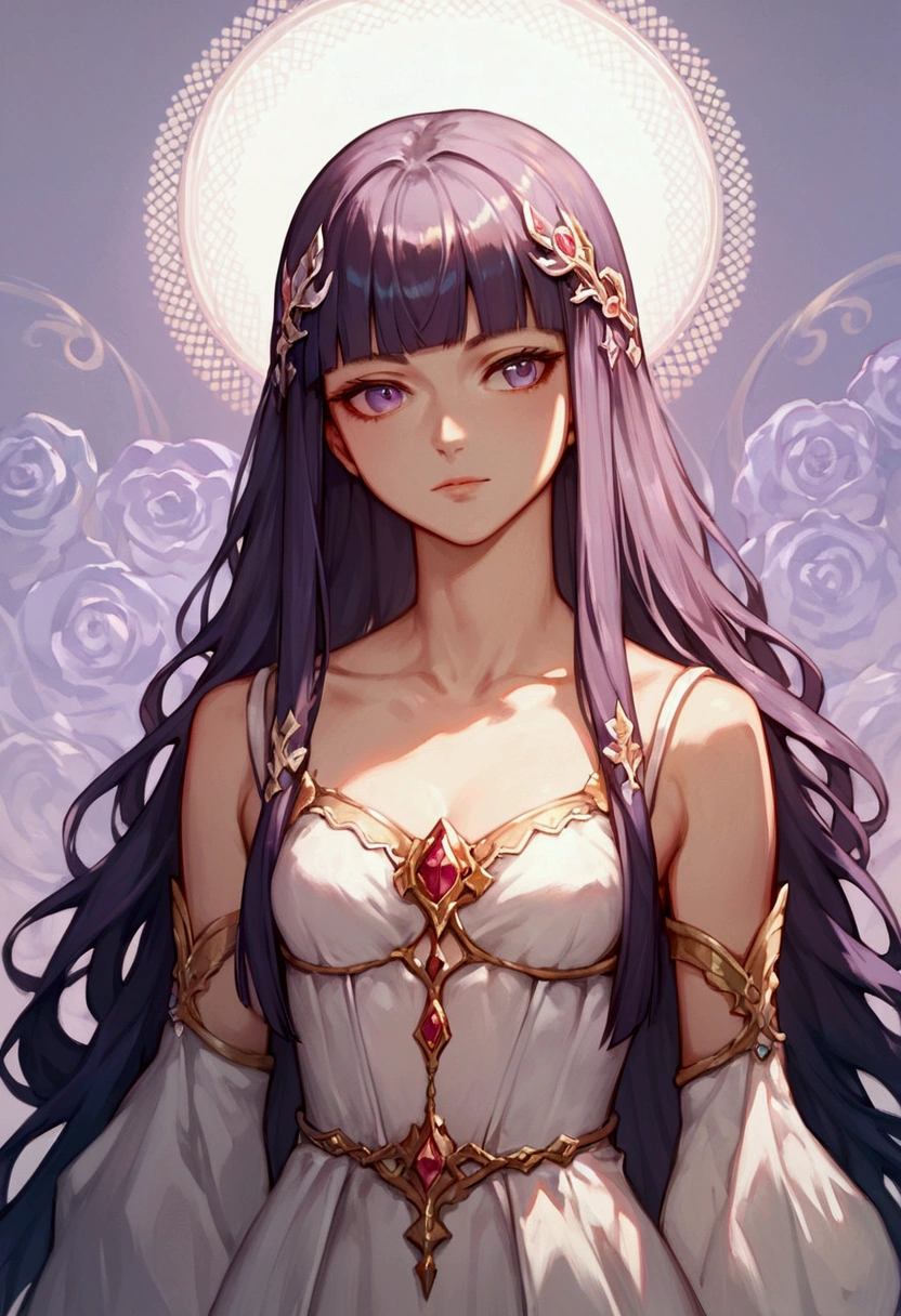 score_9, score_8_up, score_7_up, score_6_up, masterpiece, anime style, centered, highly detailed, portrait, 1girl, long hair, purple, hime cut, blunt bang, abstract background, epic composition, epic proportion
