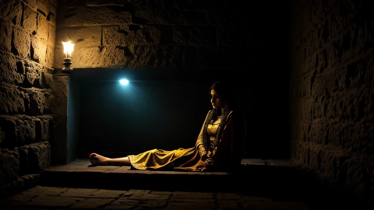 16:9 image of the tragic end where Anarkali is being entombed alive. The scene is dark and somber, with cold stone walls closing in around her. Anarkali, wearing traditional Mughal attire, is seen etching her undying love for Saleem on the cold stone walls with a sorrowful and resolute expression. The lighting is dim, with only a small flicker of light casting eerie shadows