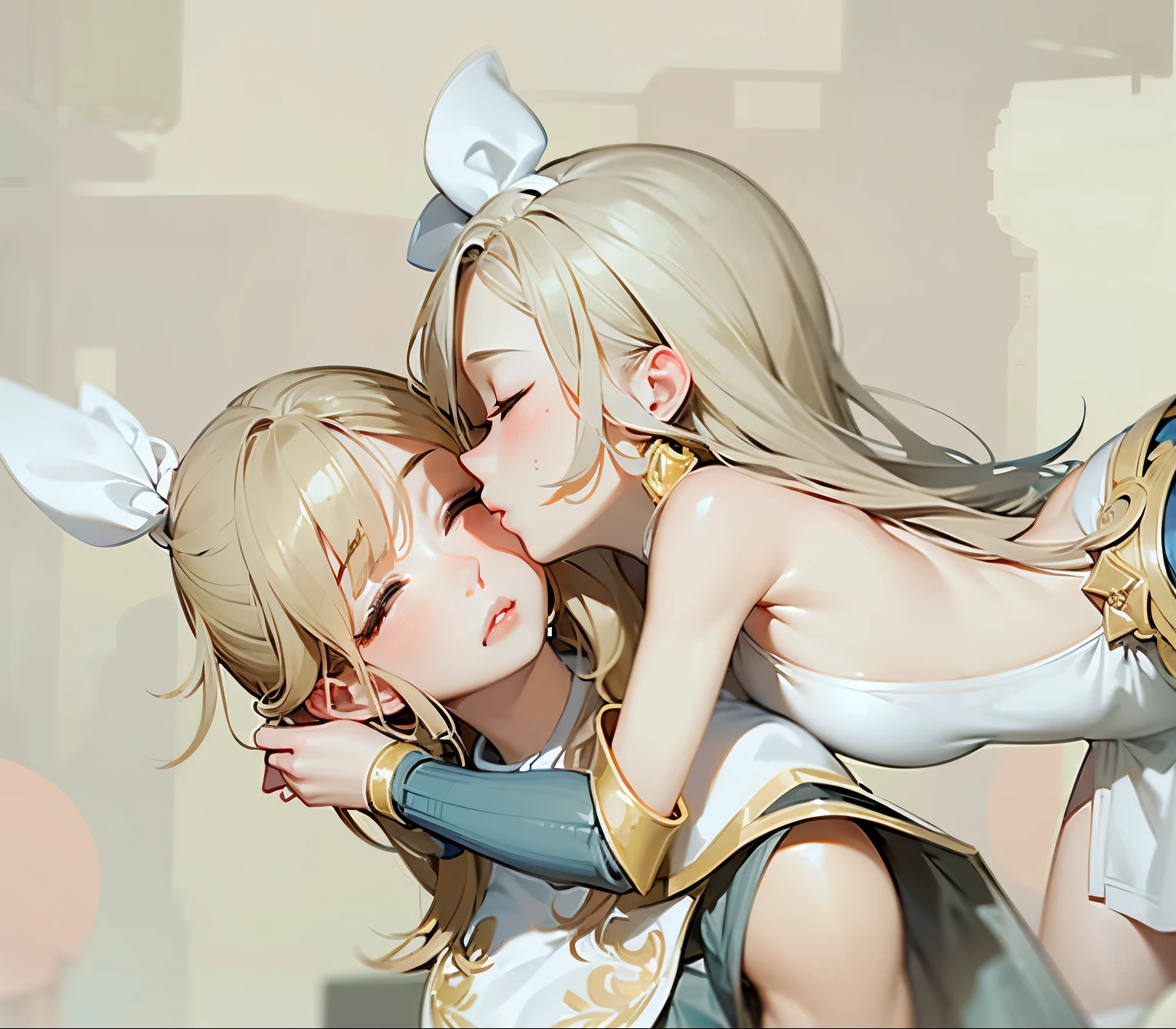 2girls, kissing cheek, side cutout, sideless outfit, puckered lips, lips, closed mouth, closed eyes, masterpiece, best quality, absurdres, girl kissing girl on cheek, dynamic lighting, lighting effect