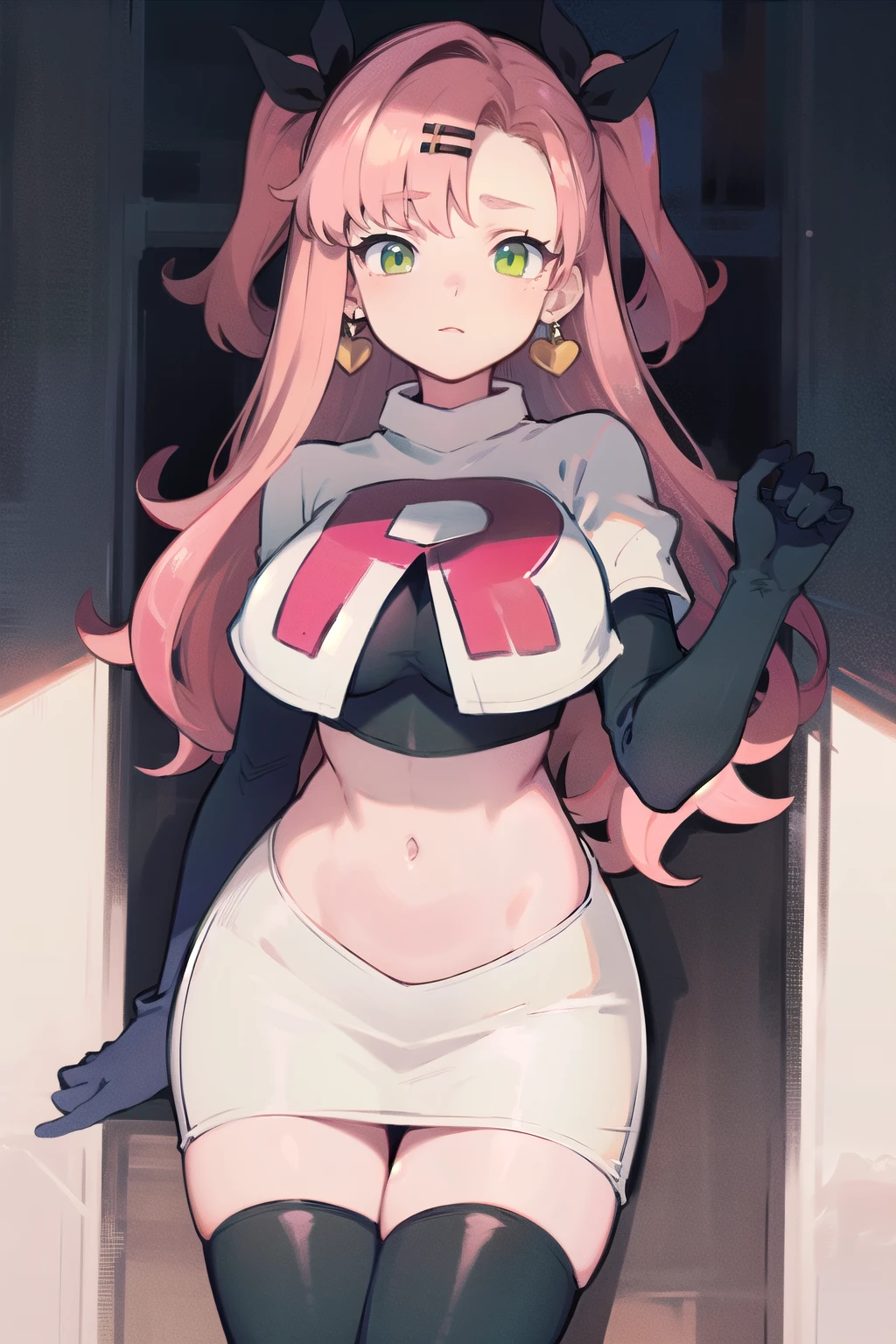 masterpiece, best quality, ultra-detailed, extremely detailed,illustration, 1girl, nicole demara,green eyes, hair ribbon, hairclip, earrings, doll, cowboy shot, team rocket,team rocket uniform,white skirt,red letter R,crop top,black thigh-highs,black elbow gloves