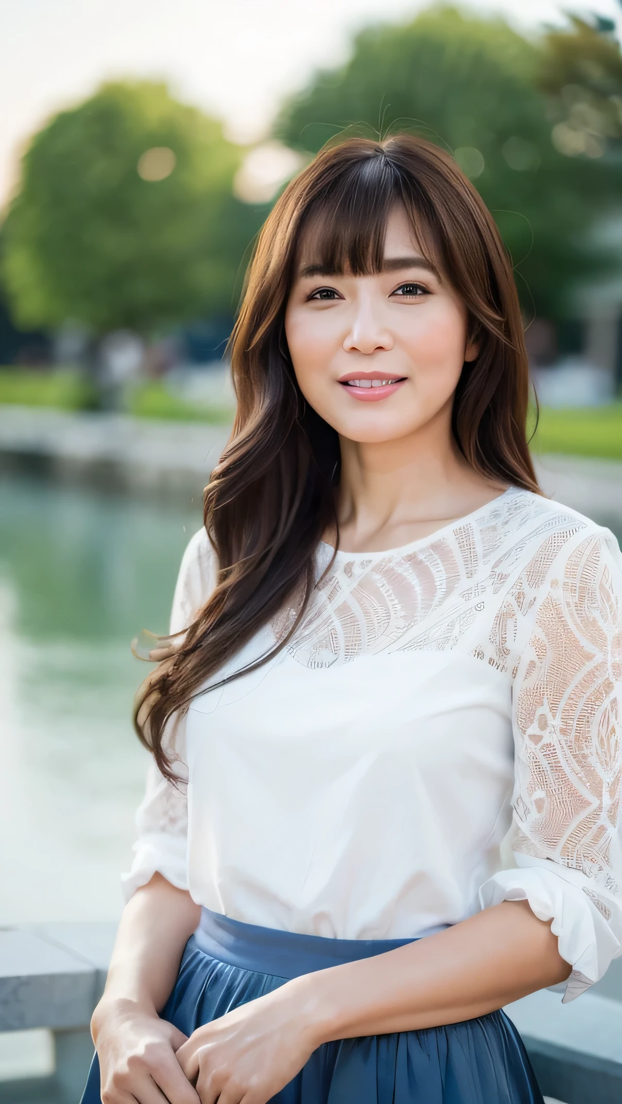 (8k、Highest quality、masterpiece、Ultra-high resolution、High resolution face:1.3)、Portrait、(50 year old mature woman:1.3)、Bokeh Depth of Field、frontage、 The smile of a genius、Ultra-detailed、Ultra-high resolution、(Realistic、Realistic photos:1.37)、High-resolution RAW color photos、Professional photography、hVery detailed and beautiful、Very detailed、8K Image Wallpapers、Incredibly detailed、Large file size、Official Art、HVery detailed CG Unity 8k wallpapers、hVery detailed beautiful girl、Very detailed顔、Very detailed目、Very detailed skin、Very detailed指、hVery detailed nose、Very detailed mouth、Perfect Anatomy、HVery detailed clothing、1 girl、(18:1.2)、Realistic body、、White skin、Glowing Skin、The body is slim、Handsome body、Brown haired、(Blunt bangs:1.2)、Classic wavy long hair、 (Hmph:1.3),Laughter、cute、Zola々right、cute faces、A vivid face、Delicate eyes、Source Order、shirt、Skirt、Looking into the camera、Cowboy Shot、Along the River、Positive、contrapo、public