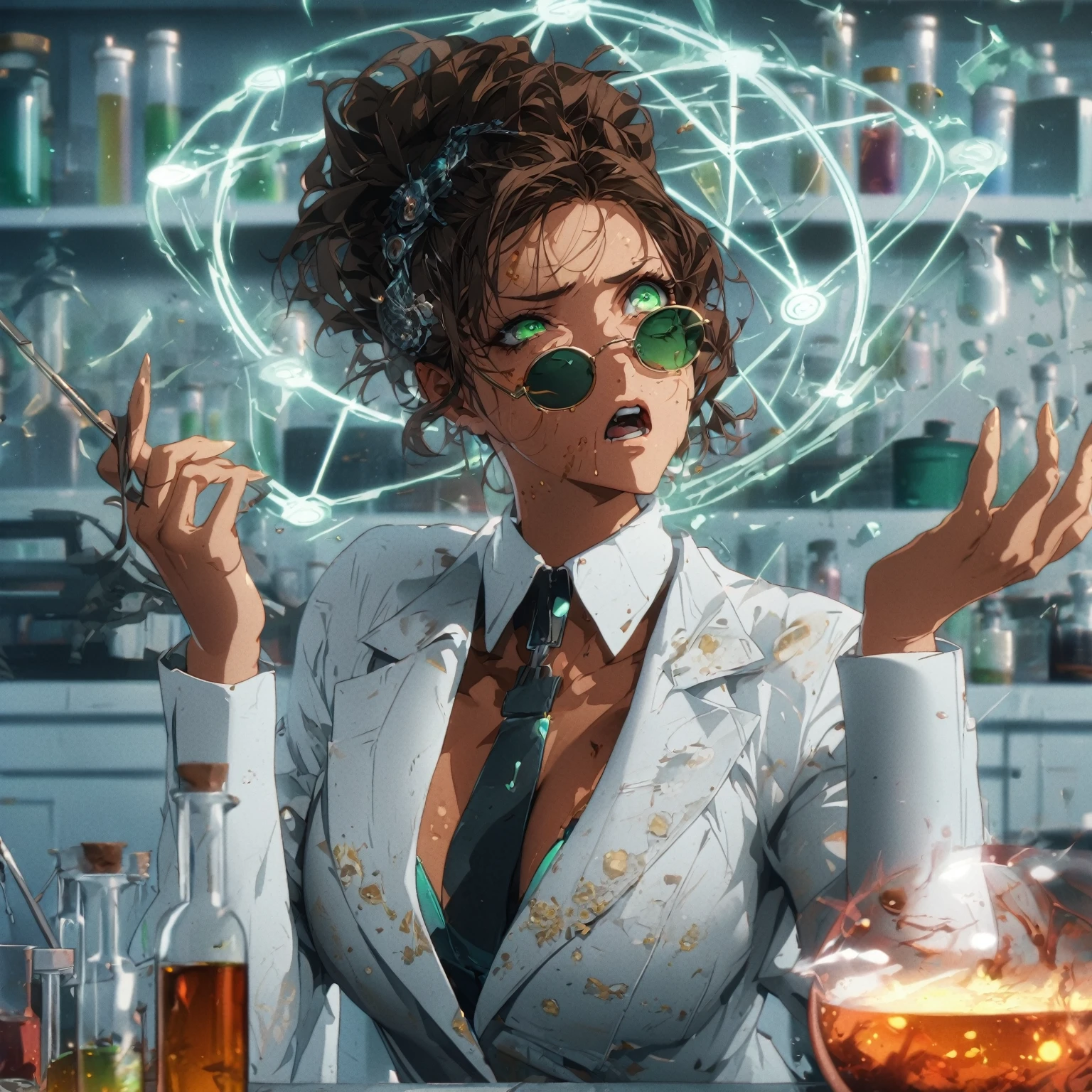 a very beautiful woman , random hair style, form-fitting suit, white lab coat, sunglasses, green eyes, in a laboratory, chemicals on the table, boiling potions, wearing sun glasses, she has the super power alchemize, she can turn wood to metal, and rubber into gold, her expression is Confused/Puzzled: Squinted eyes, raised eyebrow, tilted head, slightly open mouth, magic circle, magic power, casting spell, metal rod, gold and other tiny substances floating around her, (:0.8), detailed gorgeous face| anime style| key visual| intricate detail| highly detailed| breathtaking| vibrant| panoramic| cinematic| Carne Griffiths| Conrad Roset| gibbli 8k