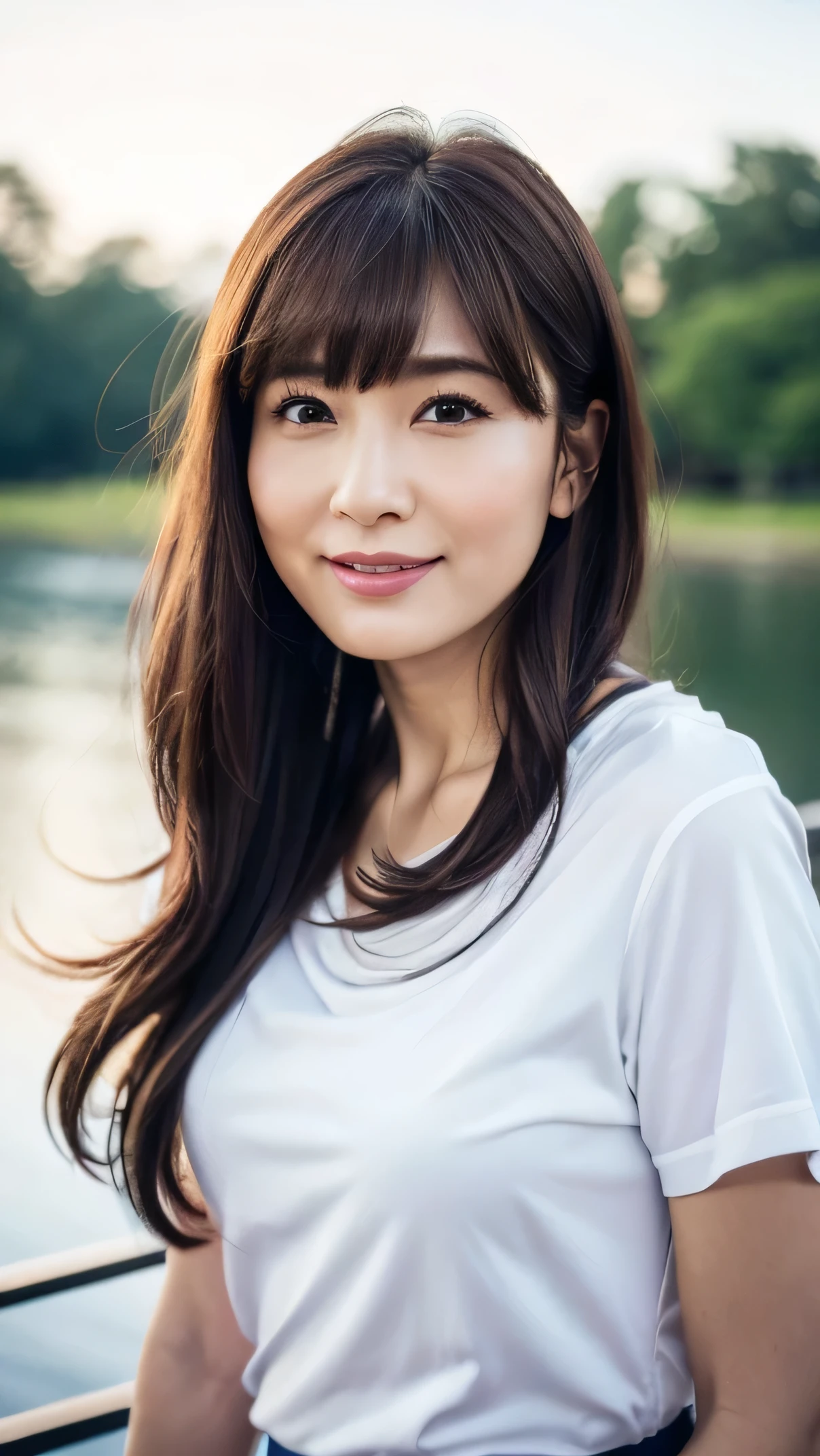 (8k、Highest quality、masterpiece、Ultra-high resolution、High resolution face:1.3)、Portrait、(50 year old mature woman:1.3)、Bokeh Depth of Field、frontage、 The smile of a genius、Ultra-detailed、Ultra-high resolution、(Realistic、Realistic photos:1.37)、High-resolution RAW color photos、Professional photography、hVery detailed and beautiful、Very detailed、8K Image Wallpapers、Incredibly detailed、Large file size、Official Art、HVery detailed CG Unity 8k wallpapers、hVery detailed beautiful girl、Very detailed顔、Very detailed目、Very detailed skin、Very detailed指、hVery detailed nose、Very detailed mouth、Perfect Anatomy、HVery detailed clothing、1 girl、(18:1.2)、Realistic body、、White skin、Glowing Skin、The body is slim、Handsome body、Brown haired、(Blunt bangs:1.2)、Classic wavy long hair、 (Hmph:1.3),Laughter、cute、Zola々right、cute faces、A vivid face、Delicate eyes、Source Order、shirt、Skirt、Looking into the camera、Cowboy Shot、Along the River、Positive、contrapo、public