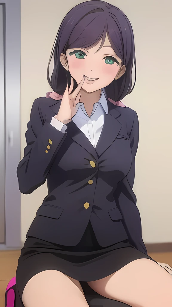 masterpiece,Light purple hair,Beautiful 5 fingers,Black jacket,White shirt,Big breasts are protruding,Spread your legs,M-foot:1.7,Job hunting suit:1.5,Ahega,Sticking out tongue,Blowjob Gestures,A mischievous smile with her fingers around her tongue,to ridicule,Troubled face, despise, Improve, clavicle, Light pink shirt, Collared shirt, Pencil Skirt,High heels