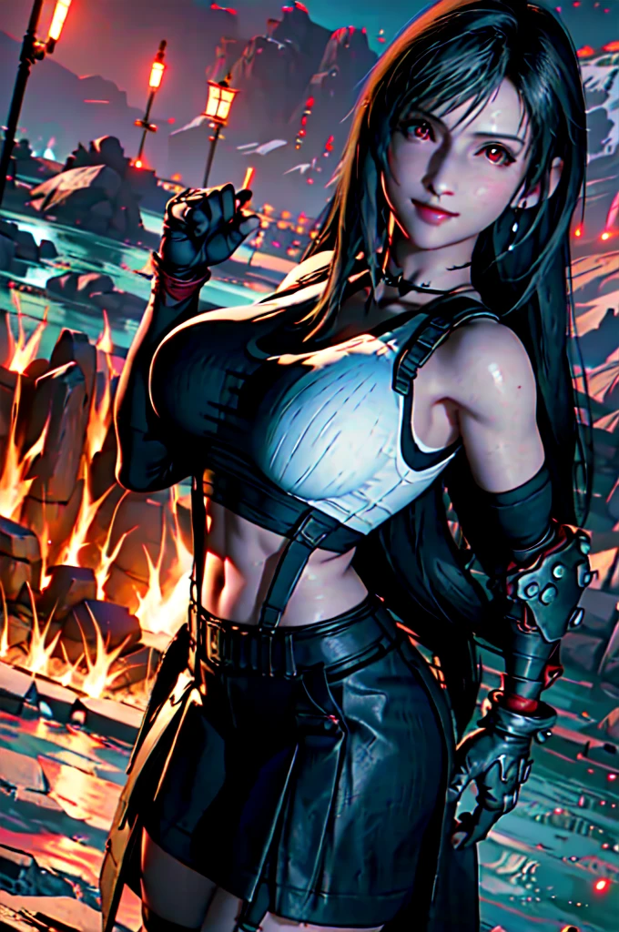 (8k, Highest quality, masterpiece:1.2), (Realistic, photo-Realistic:1.37), Very detailed, 1 girl,cute, alone, (Tifa Lockhart), (Huge breasts:1.5),(beautiful detailed eye), (smile:1.2), (Mouth closed), Sexy pose, Dancing, Depth of written boundary, Dark intense shadows, Sharp focus, Depth of written boundary, Good composition, Final Fantasy VII, (White tank top) suspenders, stockings, Arm Brace, red gloves, (Black choker) whole body, Headrest, lips, Pretty face, Long hair tied low, ((red_eye:1.0)), (night:1.3), Complex, Bokeh, Cinema Lighting, Photon Mapping, Radio City, Physically Based Rendering, (Tetsuya Nomura Style), Browsing Caution, Perfect breasts, (In the Field, River and mountains on background:1.5)