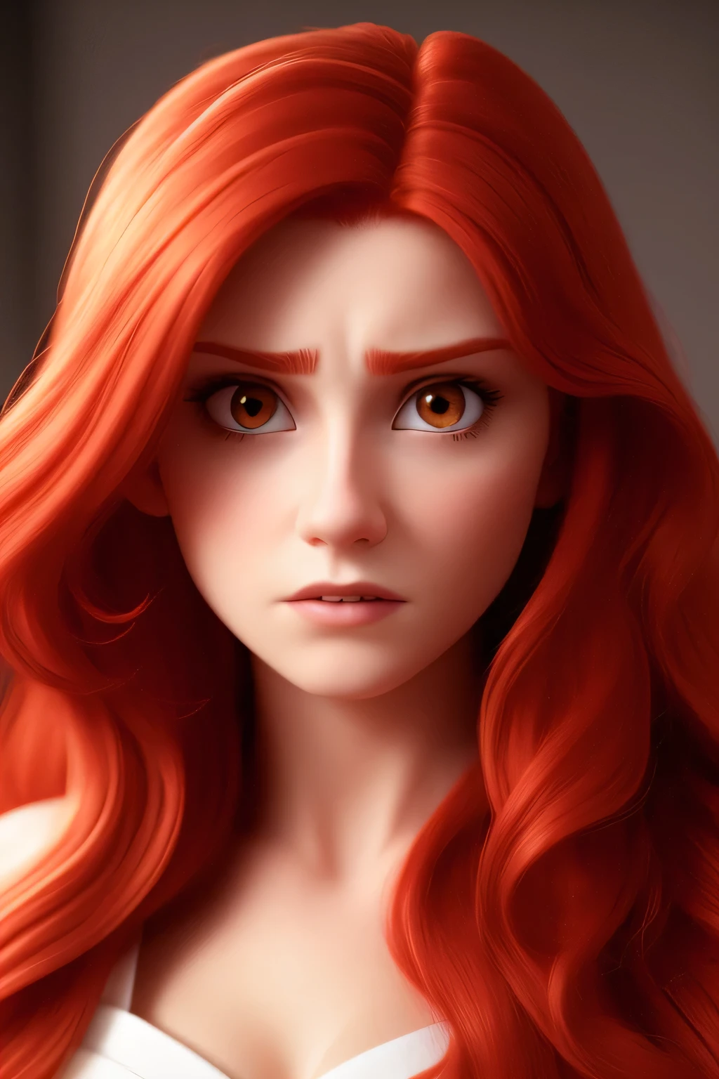 1 pale female with long wavy red hair, disgusted upset, closeup