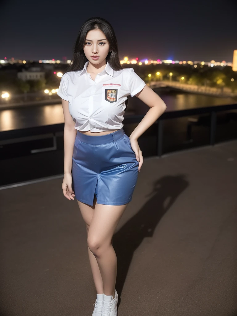 1girl, (uniform), standing, outdoors, night view, detailed Metropolitan city at the background, (Overhead view:1.35), (zoom out: 1.2), detailed face, cute angry face, detailed eyes, medium large breasts, six pack abs, smooth realistic skin, semi-curvy body, white shirt, grey blue short skirt, looking at the audience, (8k, RAW photo, best quality, masterpiece: 1.2), (realistic, realistic: 1.37), ultra-high resolution