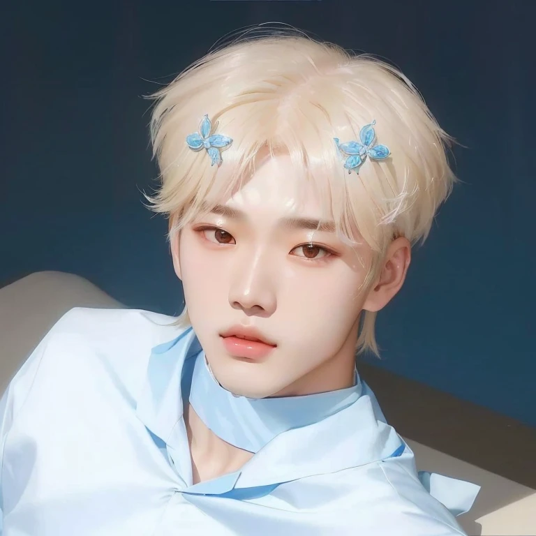 a closeup of a person wearing a blue shirt and a hair band, Cai Xu Kun, Kim Doyoung, Yanjun Chengt, Inspired by Bian Shoumin, inspired by Yanjun Cheng, young pale angel, sometimes ulzzang, Jinyoung Shin, sakimichan, pale korean adorable face, jinyoung blackhead aesthetic, delicate androgynous prince