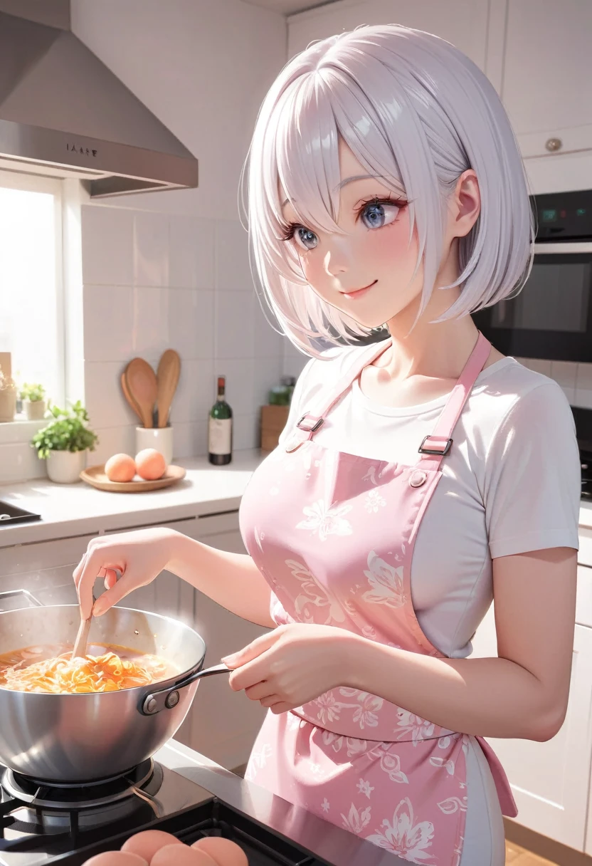 glowing particles, ambient lights, cute, pastel art, full body detailed, 4K, hdr, high details, soft-edged, perfect lighting, perfect anatomy, (shiny silver hair, bob cut, bang between eyes, beautiful hair), (glossy silver eyes:1.5), (beautiful eyes, twinkle eyes, large eyes, close eyes), (athlete body,large breasts), cute face, beautiful face, pretty face, beautiful, best quality, good anatomy,long eyelashes, expressive eyes, Perfect Hands, perfecteyes, pink botanical print apron, white shirt, short sleeves, kitchen, cooking, smile, happy