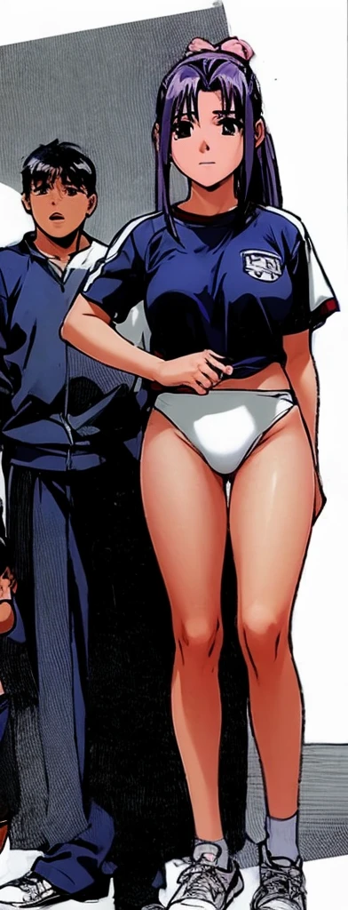 Momoko Koigakubo, a tall girl with beautiful legs, stands in a white gym uniform and light navy blue bloomers that look like panties.。Momoko Koigakubo is holding a young boy wearing a tracksuit。