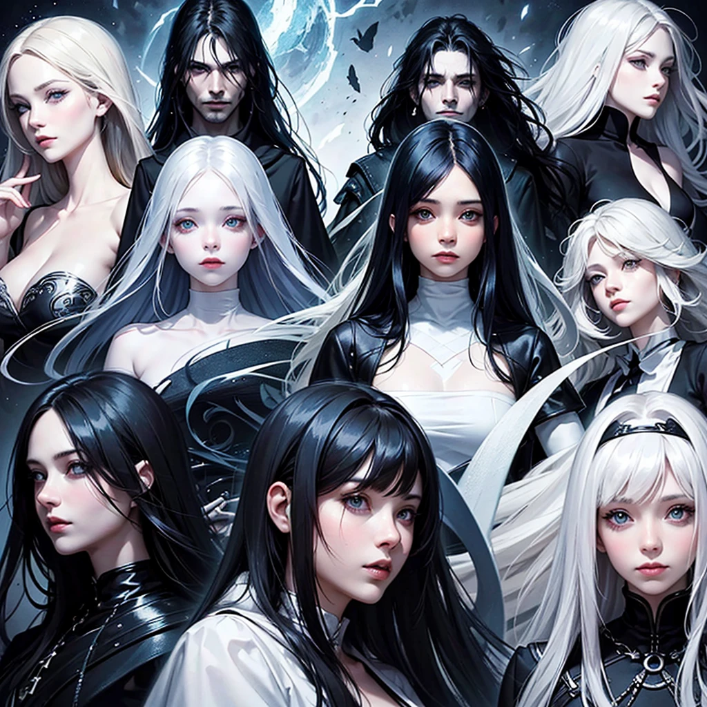 Character design in various angles. very white, pale. long dark blue hair, bangss. eyes black. Cold and dark look. various angles, from sideways, Profile, half profile and front. linda