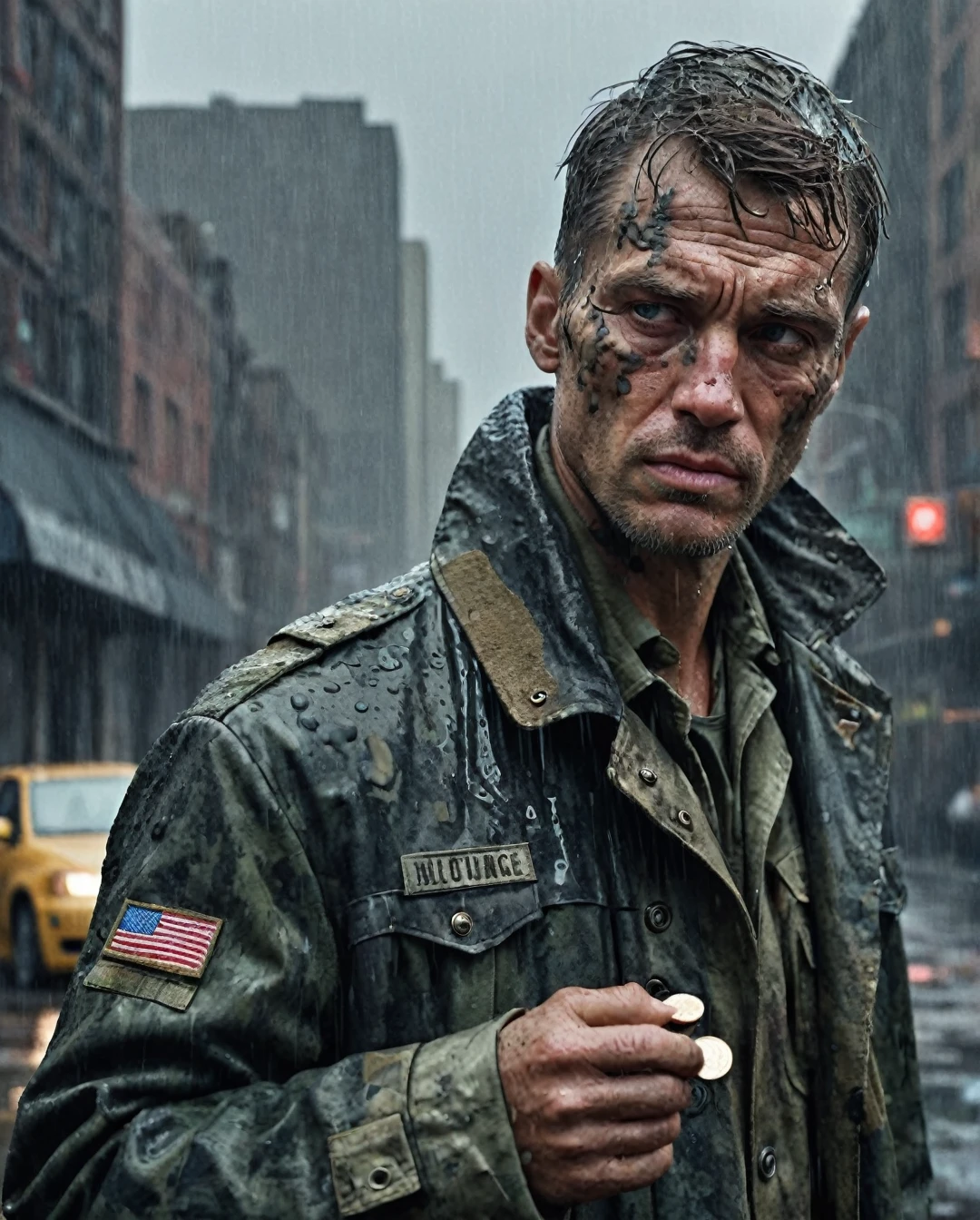 photorealism, hyperrealism, cinematic, A stunning street style portrait of a rugged post-apocalyptic, of TWO-FACE, flipping a coin, braving the elements. Dressed in traditional costume with military camouflage details with a worn texture, he stands against a desolate urban backdrop. Rain falls, creating a cinematic atmosphere as the drops hit the surface of the coat. Intricate details such as patched repairs and buckled straps accentuate the character's resilience and resourcefulness. The scene is captured in a high-contrast, emphasizing the interplay of light and shadows.