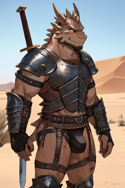 Solo Sexy anthro scalie dragon male mercenary medieval solider, slim endomorph muscular handsone model male apperance, sword scars, worn out rusty skimpy armament, low on hips heavy leather belt, old very worn out skimpy dirty linen material jockstrap, old yellow dirty worn out stains on white jockstrap, erection of dick under jockstrap, cum cumshoot drops from tip of jocstrap, studded skimpy armlets breastplate armor, skimpy breastplate, leather bondages, fingerless leather gloves, smelly unwashed husk, dirty body look, desert battlefield, standing in sexy fighting position, close view of full character