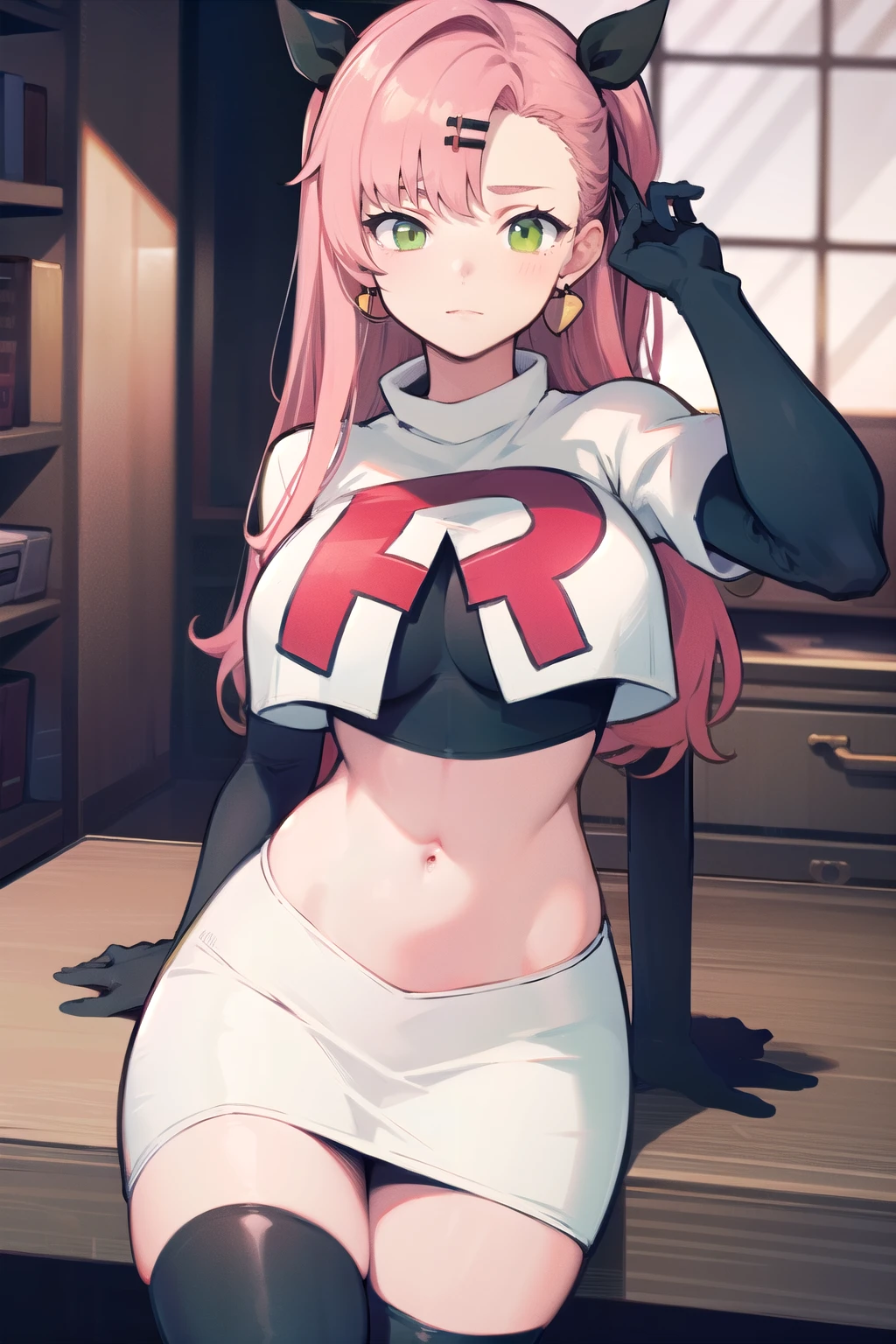 masterpiece, best quality, ultra-detailed, extremely detailed,illustration, 1girl, nicole demara,green eyes, hair ribbon, hairclip, earrings, doll, cowboy shot, team rocket,team rocket uniform,white skirt,red letter R,crop top,black thigh-highs,black elbow gloves