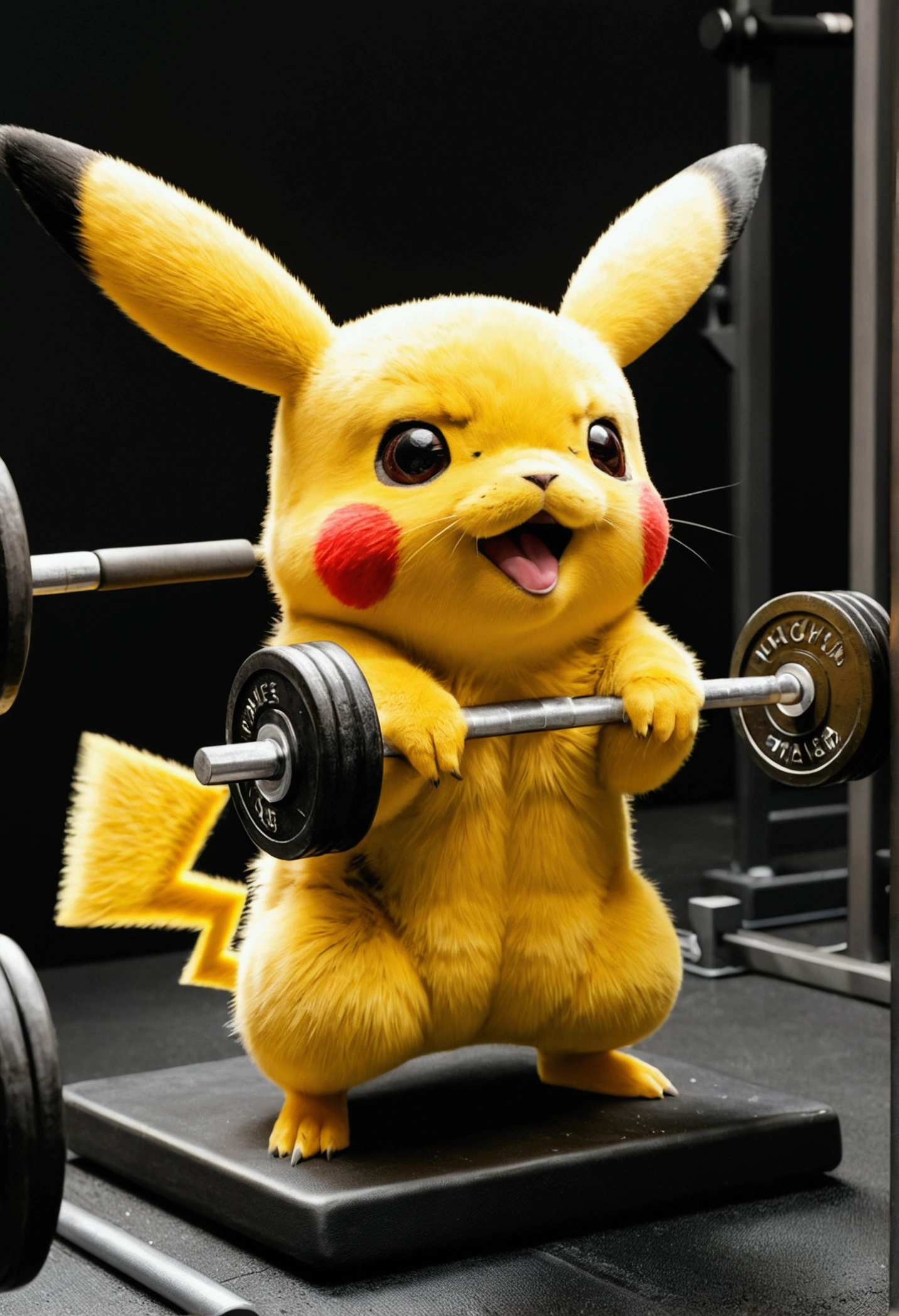 "Pikachu passionately lifting weights and pushing its limits during an intense gym workout session."