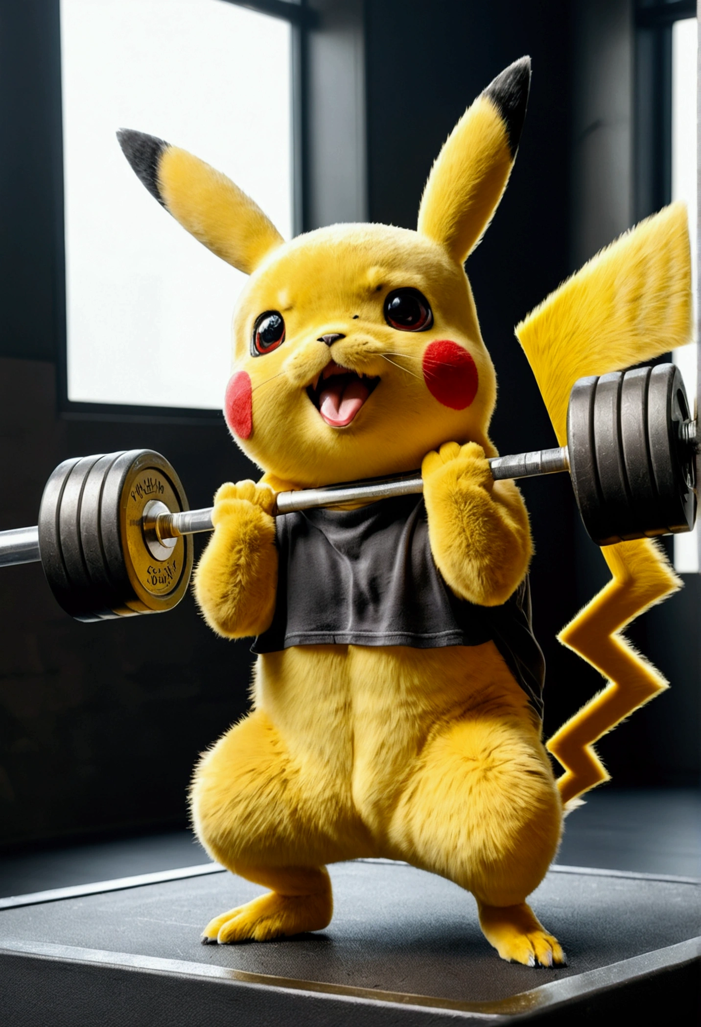 "Pikachu passionately lifting weights and pushing its limits during an intense gym workout session."