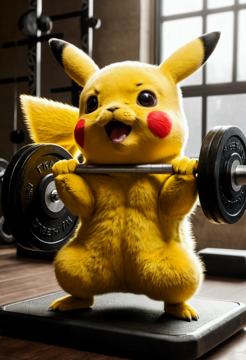 "Pikachu passionately lifting weights and pushing its limits during an intense gym workout session."
