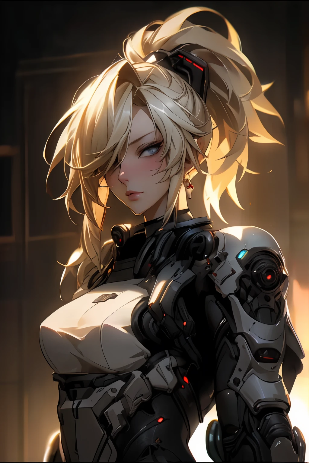 ((best quality)), ((Masterpiece)), (details:1.4), 3d, Image of a beautiful cyberpunk woman., HDR (high dynamic range), mature woman, high ponytail, Blonde hair, future police, PBR surface, After processing, Anisotropic filtration,depth of field, Maximum clarity and clarity, multi-layered surface, perfect proportions, 8K raw files, cyberpunk, at night, ผมหลายชั้น,  กระโปรงสั้น, natural lighting, soft lighting, sunlight, หน้าอกใหญ่