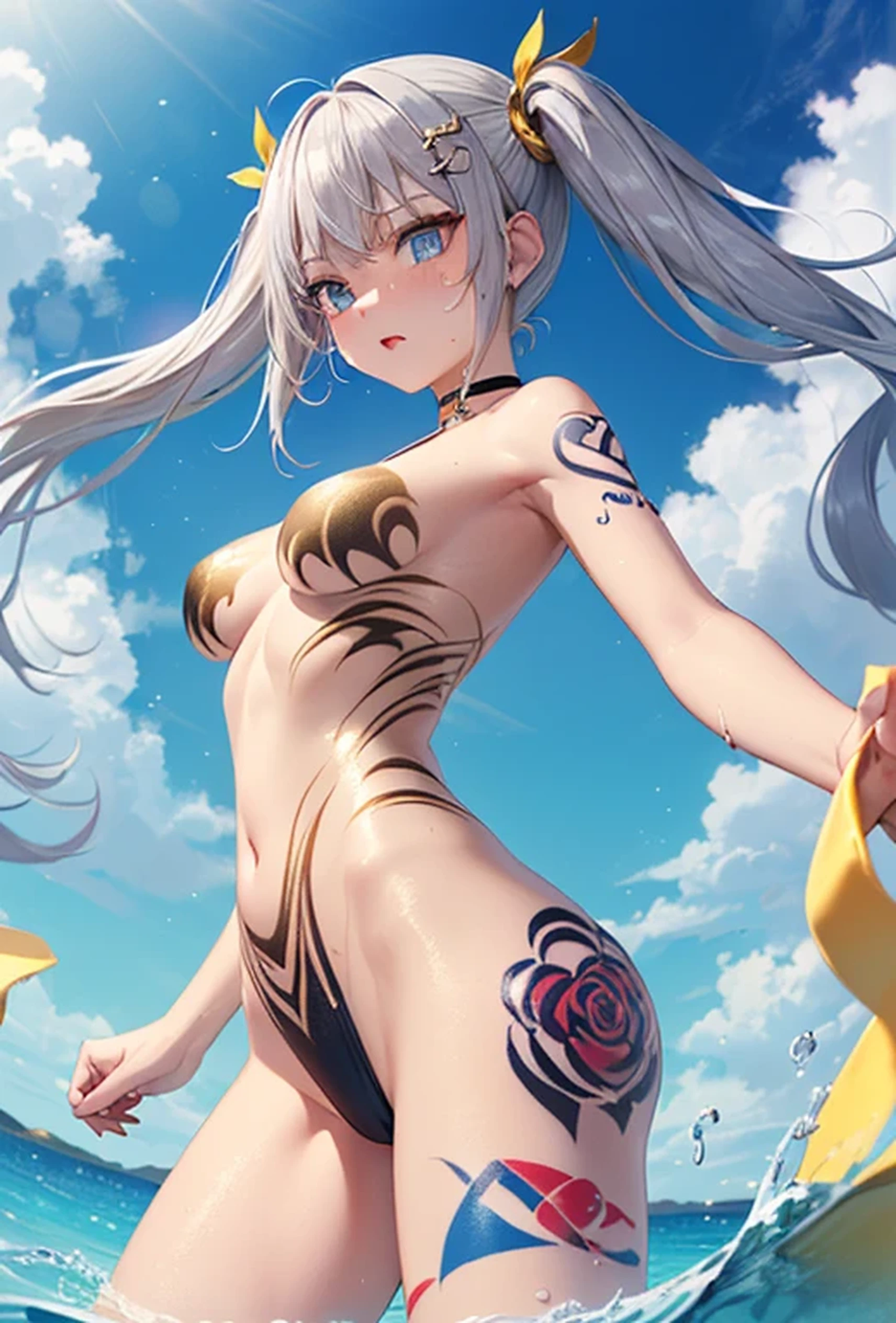 (Super detailed、Ultra-high resolution、8K masterpiece、Vibrant colors)、((Flat Color))、((Floating water))、summer、coastal、 A woman in a sexy swimsuit、(Angle from below)、(Gold chain accessories on the body)、Random Sexy Poses、Sweaty、 ((body paint、Pop tattoo on thigh))、Big Breasts、(Tight swimsuit、choker)、Beautiful hip line、Butt、nude、 (Twin tails、Vermilion, blue, silver, golden hair、hair ornaments)、Beautiful blue eyes、Beautiful red lip、(Reluctant、Bad mood)、 TWICE's Tzuyu' on pause