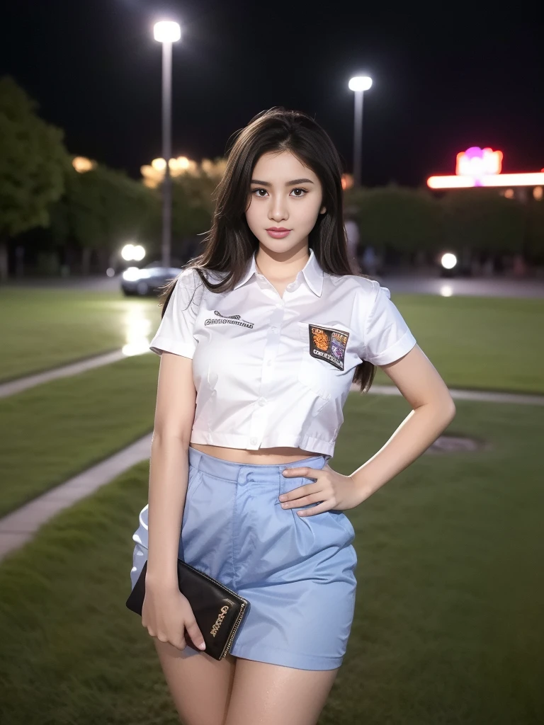 1girl, (uniform), standing, outdoors, night view, detailed Metropolitan city at the background, (Overhead view:1.35), (zoom out: 1.1), detailed face, cute angry face, detailed eyes, medium thick breasts, six pack abs, smooth realistic skin, semi-curvy body, white shirt, grey blue short skirt, looking at the audience, (8k, RAW photo, best quality, masterpiece: 1.2), (realistic, realistic: 1.37), ultra-high resolution