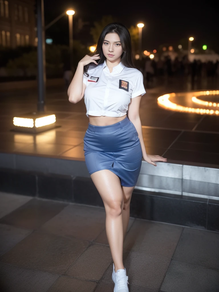 1girl, (uniform), standing, outdoors, night view, detailed Metropolitan city at the background, (Overhead view:1.35), (zoom out: 1.1), detailed face, cute angry face, detailed eyes, medium thick breasts, six pack abs, smooth realistic skin, semi-curvy body, white shirt, grey blue short skirt, looking at the audience, (8k, RAW photo, best quality, masterpiece: 1.2), (realistic, realistic: 1.37), ultra-high resolution