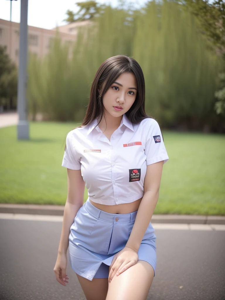 1girl, (uniform), standing, outdoors, night view, detailed Metropolitan city at the background, (Overhead view:1.35), (zoom out: 1.1), detailed face, cute angry face, detailed eyes, medium thick breasts, six pack abs, smooth realistic skin, semi-curvy body, white shirt, grey blue short skirt, looking at the audience, (8k, RAW photo, best quality, masterpiece: 1.2), (realistic, realistic: 1.37), ultra-high resolution