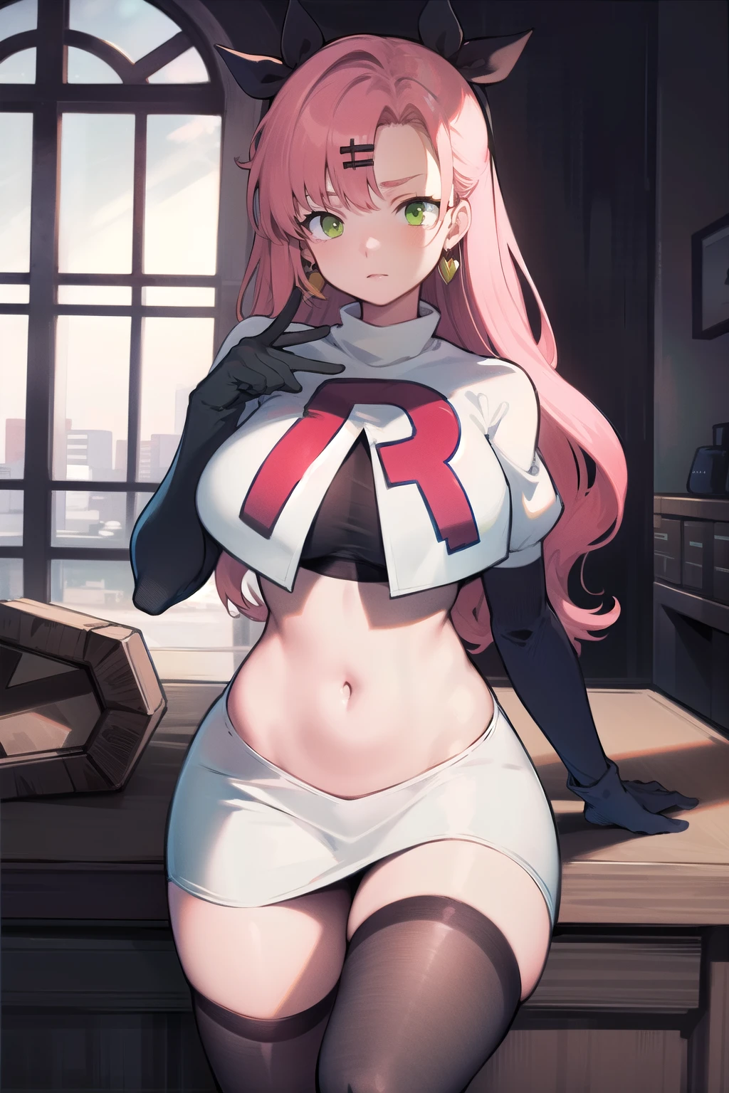 masterpiece, best quality, ultra-detailed, extremely detailed,illustration, 1girl, nicole demara,green eyes, hair ribbon, hairclip, earrings, doll, cowboy shot, team rocket,team rocket uniform,white skirt,red letter R,crop top,black thigh-highs,black elbow gloves