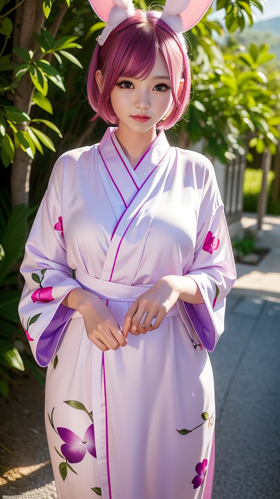 Beautiful woman wearing patterned yukata、Have eggplant、Realistic rabbit ears、rabbit ears pink hair sticking out of the head,,,,,、Bewitching atmosphere、Beautiful shaped hands、K-POP、Pink rabbit ears、1 girl in、solo、​masterpiece、top-quality、realisitic、Hyper-detailing、(Glossy skin:1.4)、absurderes、short pink hair、Slender beauties、Dynamic Lighting、hight resolution、sharp focus、depth of fields、(thick thight:1.0)、A slender :1.2、((Short-cut bob hair))、((k pop:1.3))、Highly detailed facial and skin texture、((Enchanting))、Anatomically correct number of fingers、Correct anatomy