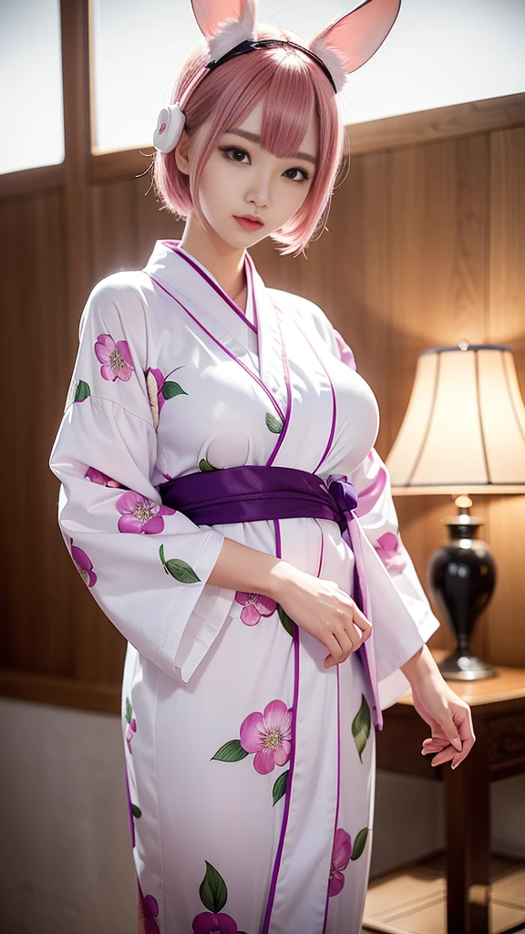 Beautiful woman wearing patterned yukata、Have eggplant、Realistic rabbit ears、rabbit ears pink hair sticking out of the head,,,,,、Bewitching atmosphere、Beautiful shaped hands、K-POP、Pink rabbit ears、1 girl in、solo、masterpiece、top-quality、realisitic、Hyper-detailing、(Glossy skin:1.4)、absurderes、short pink hair、Slender beauties、Dynamic Lighting、hight resolution、sharp focus、depth of fields、(thick thight:1.0)、A slender :1.2、((Short-cut bob hair))、((k pop:1.3))、Highly detailed facial and skin texture、((Enchanting))、Anatomically correct number of fingers、Correct anatomy