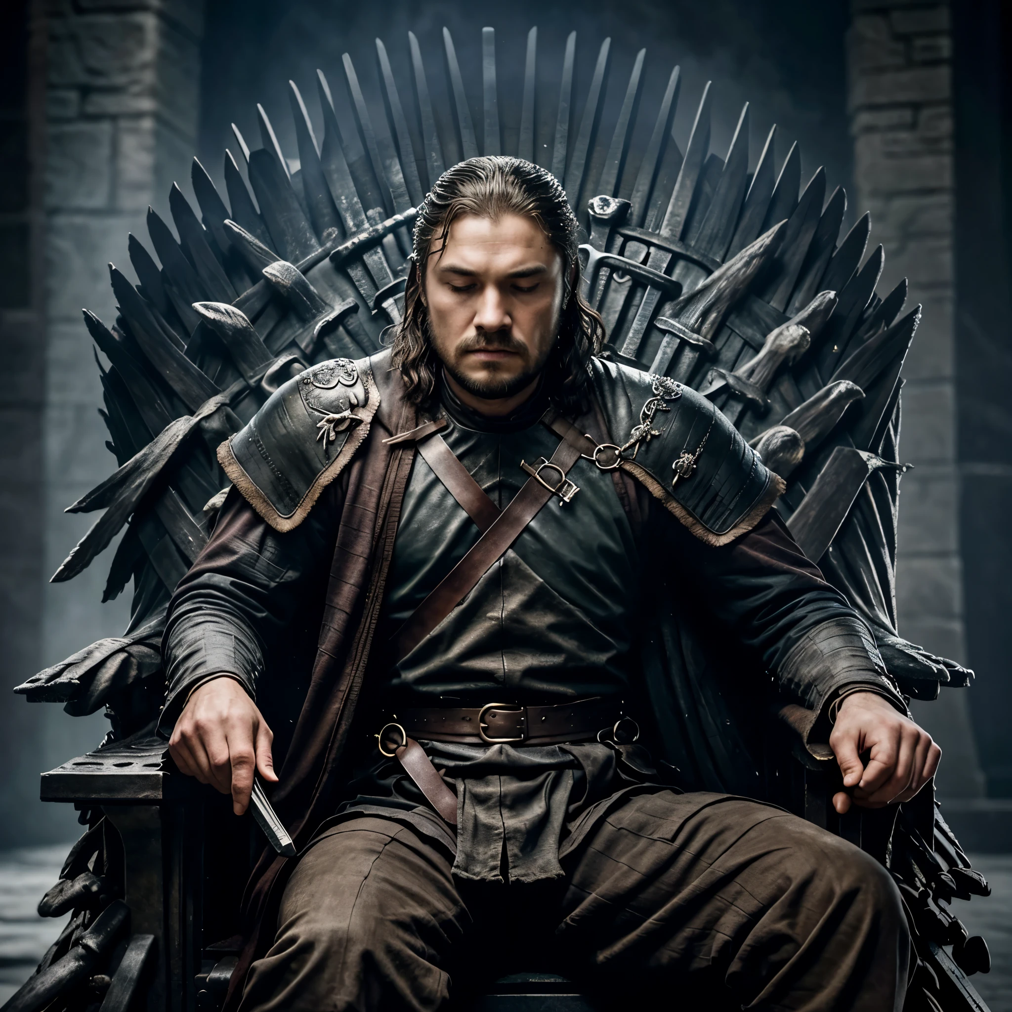 a close up of a poster of a man sitting on a throne, games of thrones, game of thrones, fame of thrones, from of thrones, game of thrones style, style of game of thrones, game of throne art, iron throne, iron throne from game of thrones, sitting on the iron throne, the iron throne, shot from game of thrones, man looking away from the camera, eyes closed, empty hands