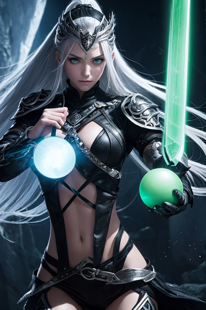 A mystical warrior woman with silver hair, glistening green eyes, and black leather, one hand holds a glowing orb and the other a glistening silver long sword,