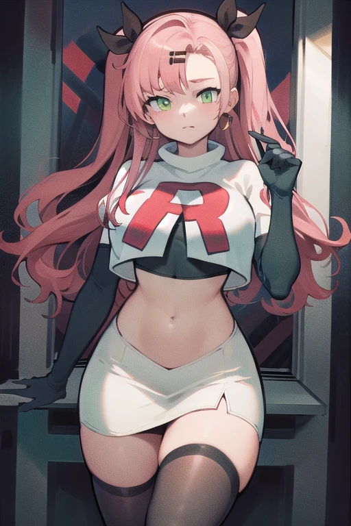 masterpiece, best quality, ultra-detailed, extremely detailed,illustration, 1girl, nicole demara,green eyes, hair ribbon, hairclip, earrings, doll, cowboy shot, team rocket,team rocket uniform,white skirt,red letter R,crop top,black thigh-highs,black elbow gloves
