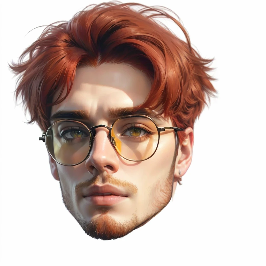 a close-up of a red-haired man and glasses, high-quality portrait, realistic art style, beautiful impressive realistic, realism art style, realistic detailed face, lifelike face detalhado, true-to-life portrayal, lifelike face humano, único lifelike face, lifelike face e detalhado, hyperrealistic aesthetic, your eyes are red and glowing, lifelike face, lifelike face detalhados