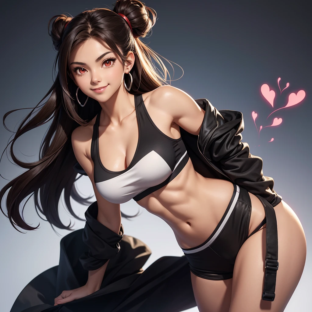 A high-quality anime-style illustration of a confident and playful young woman with long, straight dark brown hair, swept to the side and tucked behind her ears. She has red eyes and smooth, fair skin, smiling with a seductive expression. She is wearing a black sports bra with medium-sized breasts that reveal her toned abs and an open black jacket. Her accessories include long, dangling silver earrings and red fingerless gloves. The character is progressively leaning forward, pulling up a white t-shirt to show off her muscular abs. There are heart symbols near her head, adding a charming and playful element. The background is kept to a minimum, ensuring that the focus remains on the character.