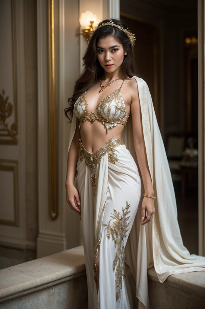 (RAW Photograph),35mm,(((Masterpiece))),ultra photo realistic, ((Beautiful pale white skin Euro-Asian maiden)),posing elegantly,(age 27,height 176cm,36-24-36 slim body figure,slim abs,slim natural round chest),(Indonesian empress style),(very long and wavy brown hair),((beautiful white majestic with gold embroidery and micro cut out long skirt gown(open chest, revealing,open thighs,no underwear))),(white cape),(white thigh boots),(gold mini headband),(gold necklace),(gold accents),highly intricate,very lovely details,very appealing view,natural lighting,ultra sharp image,((futuristic imperial white palace)),((UHD,8k)),(((Royo,Giger)))