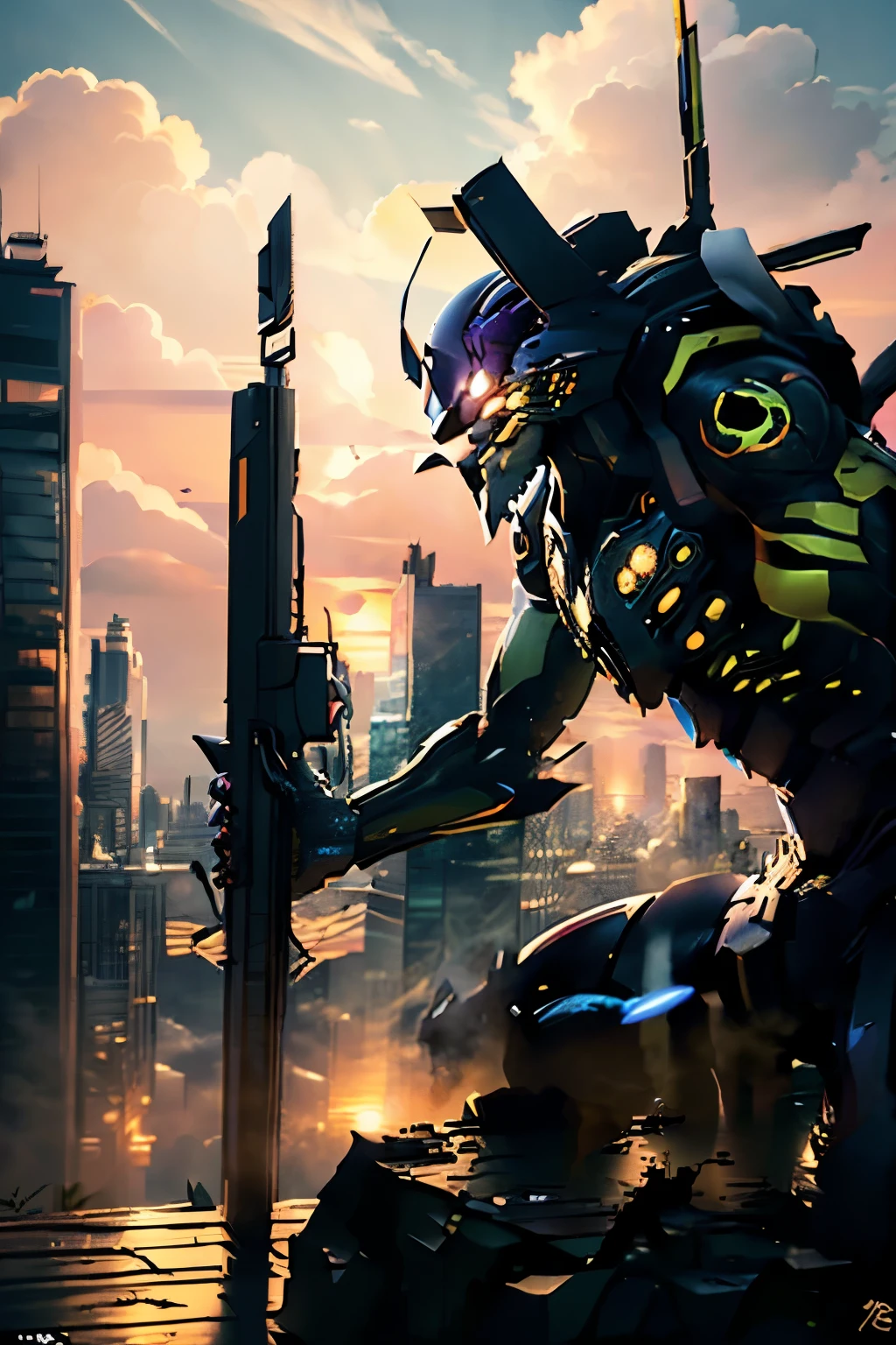 eva01, standing pose, sunset, cityscape, (best quality,4k,8k,highres,masterpiece:1.2),ultra-detailed,(realistic,photorealistic,photo-realistic:1.37), extremely detailed face, intricate mechanical armor, futuristic design, glowing energy, dramatic lighting, vivid colors, full body shot