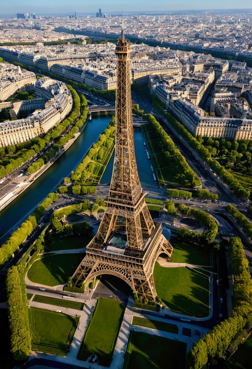 Eiffel Tower in the early morning, Very detailed, Color-coded, Aerial photography —ar 9:16 —q 5