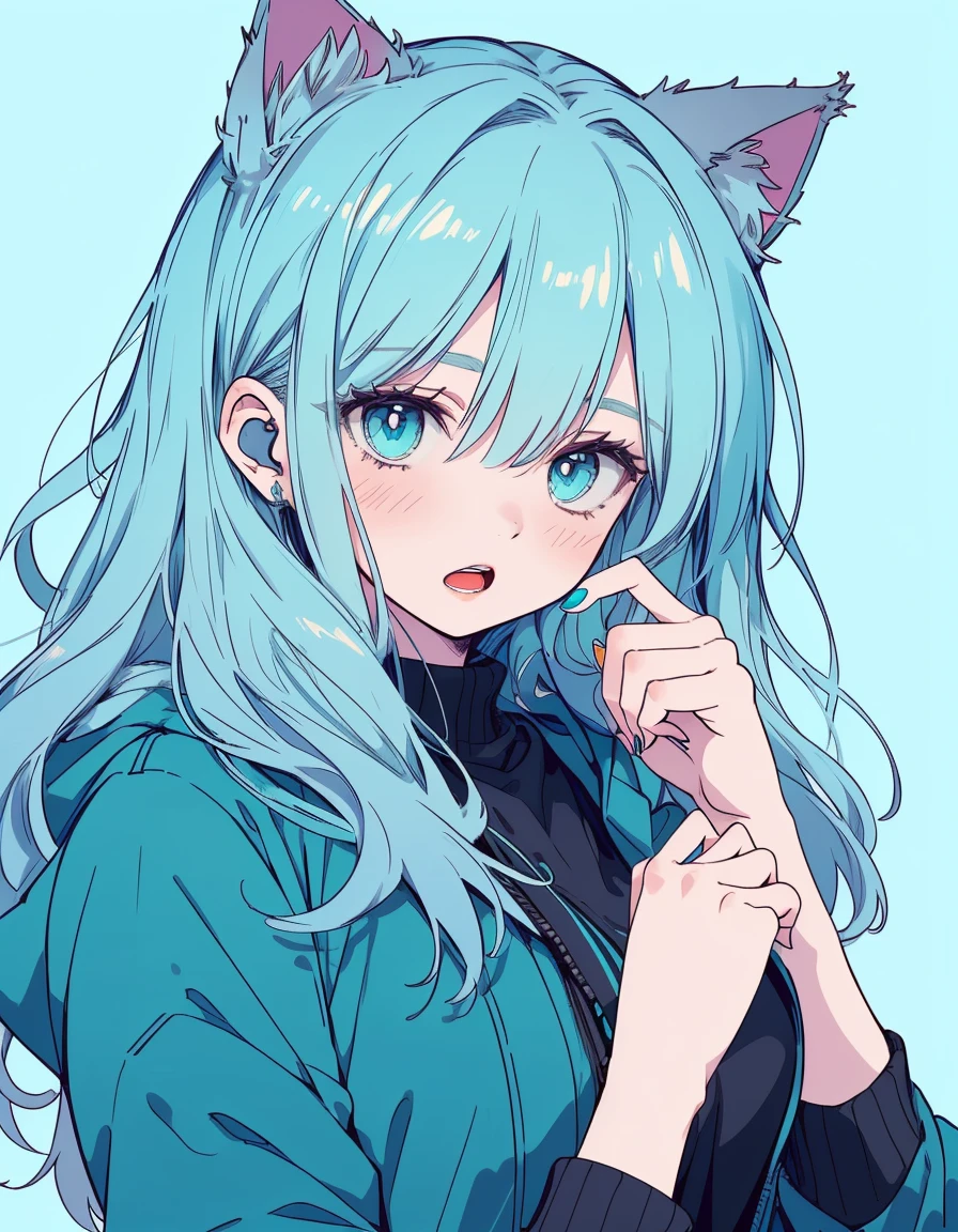 alternate color, denim clothing, open mouth, ((masterpiece, best quality:1.5)), ((Beautiful detailed cat aqua eyes:1.2)), cat ears, pale skin, medium breasts, beautiful hands, beautiful fingers, EasyNegative