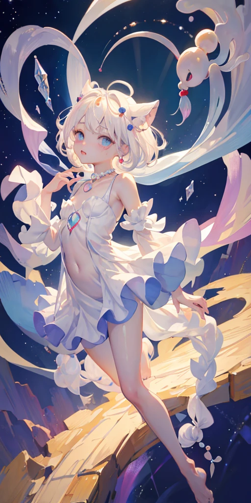 A girl、baby face、very cute、Slim and beautiful、((small :1.2))、eyes well drawn、Charming eyes、Double tail、Wear jewelry and pearls around your neck,Transparent openwork、Deep V、Crystal Pearls、在Wear jewelry and pearls around your neck,White hair, Show your thighs, Bare shoulders, Show Clavicle, Yao Liu, barefoot,((whole body))、Painful posture