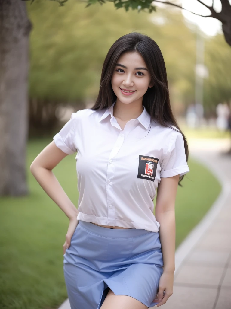 1girl, (uniform), standing, outdoors, night view, detailed Metropolitan city at the background, (Overhead view:1.35), (zoom out: 1.1), detailed face, cute little smile, detailed eyes, thick large breasts, six pack abs, smooth realistic skin, semi-curvy body, white shirt, grey blue short skirt, looking at the audience, (8k, RAW photo, best quality, masterpiece: 1.2), (realistic, realistic: 1.37), ultra-high resolution