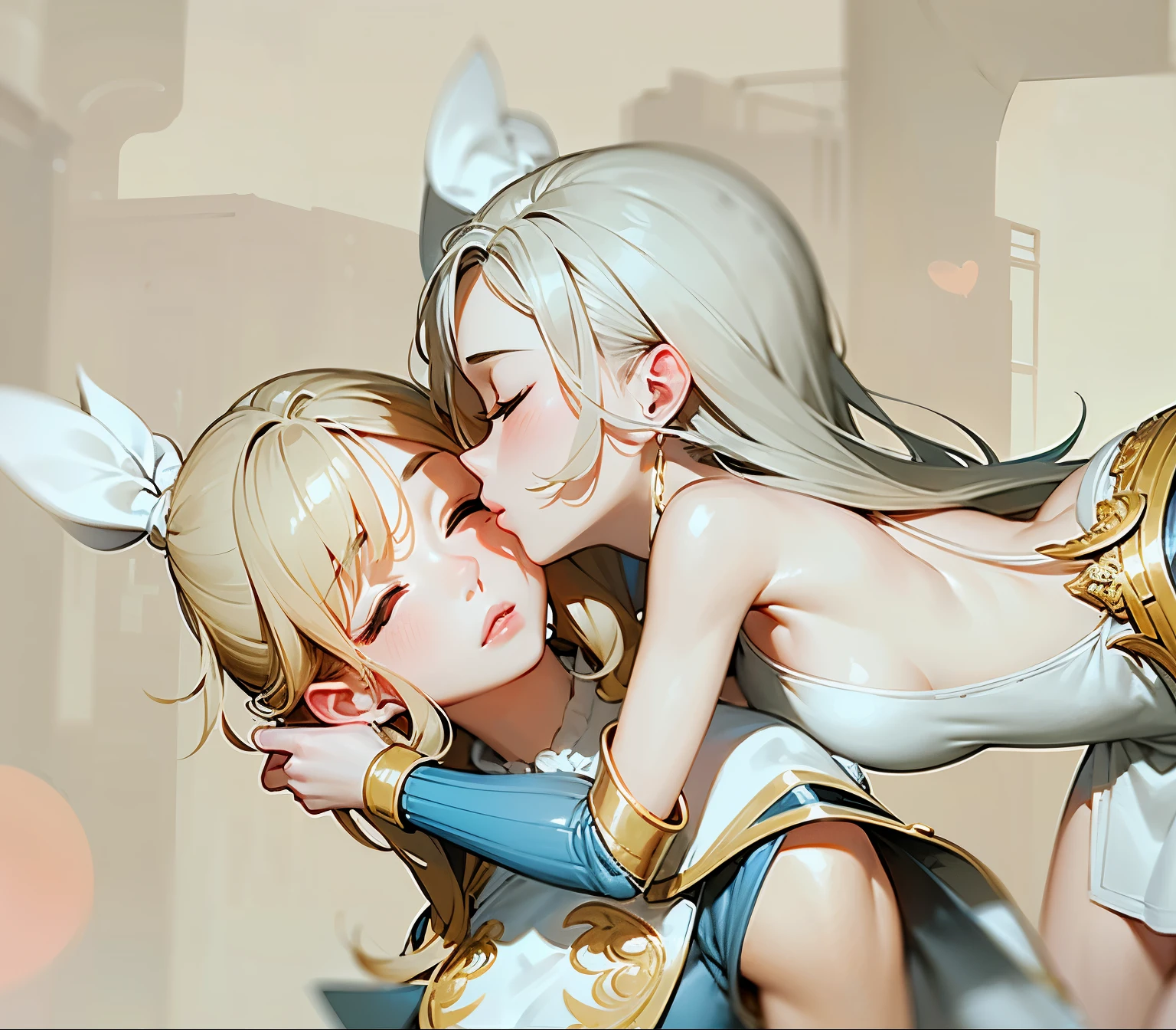 2girls, kissing cheek, side cutout, sideless outfit, sideboob, puckered lips, lips, closed mouth, closed eyes, masterpiece, best quality, absurdres, girl kissing girl on cheek, dynamic lighting, lighting effect