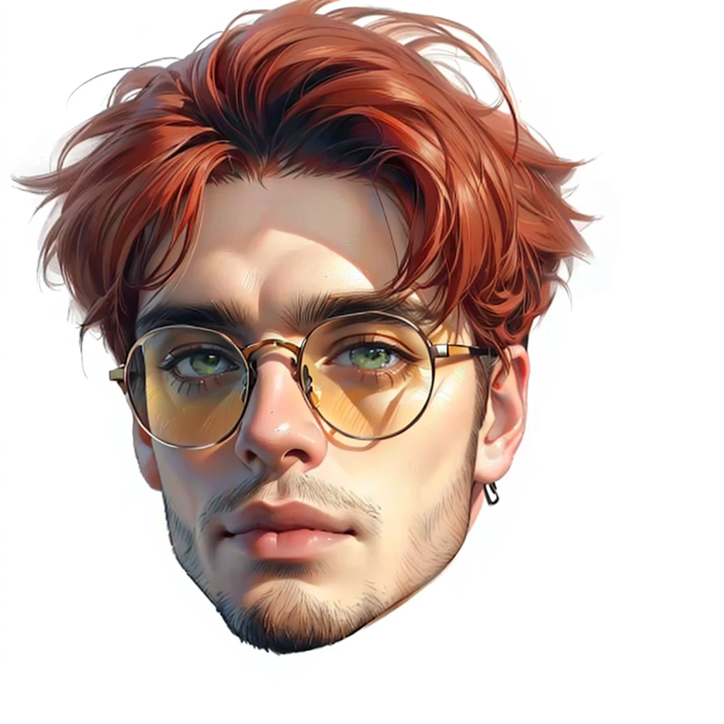 a close-up of a red-haired man and glasses, high-quality portrait, realistic art style, beautiful impressive realistic, realism art style, realistic detailed face, lifelike face detalhado, true-to-life portrayal, lifelike face humano, único lifelike face, lifelike face e detalhado, hyperrealistic aesthetic, your eyes are red and glowing, lifelike face, lifelike face detalhados