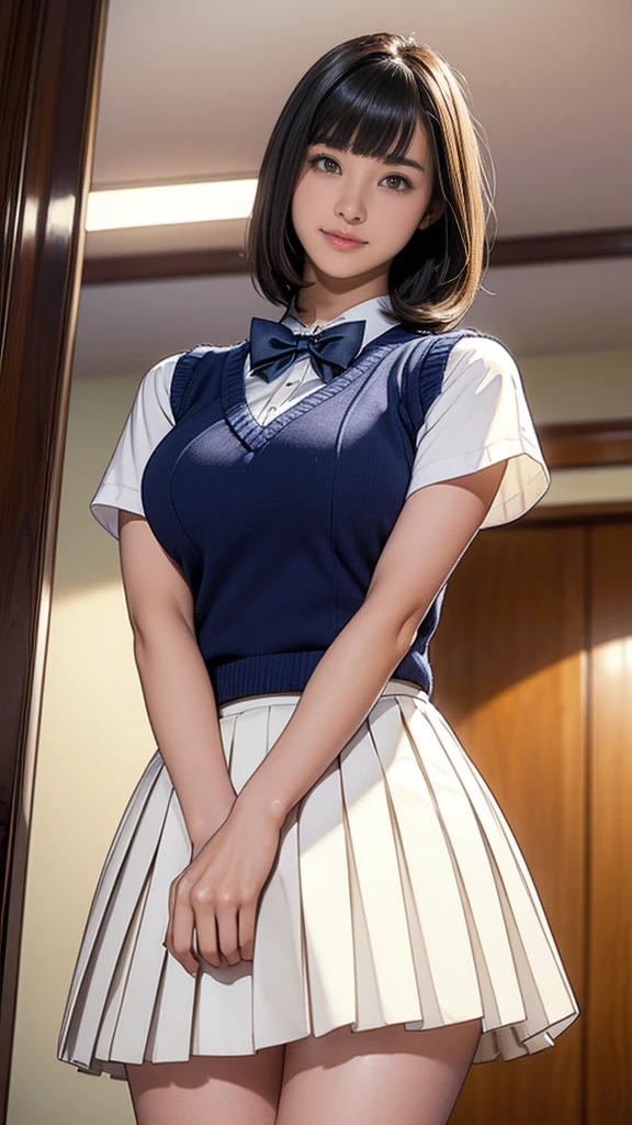 (masterpiece:1.2, Highest quality), (Realistic, photoRealistic:1.4), (Large Breasts:1.5, Saggy breasts:1.3), Beautiful illustrations, (Natural Side Lighting, Cinema Lighting), Written boundary depth, Looking at the audience, (Face Focus, Upper Body), Front view, 1 girl, Japanese, high school girl, 9 years old, Perfect Face, Symmetrical cute face, Glowing Skin, (Bob Hair:1.7,Black Hair), Asymmetrical bangs, Big eyes, Droopy eyes, long eyelashes chest), thin, Beautiful Hair, Beautiful Face, Beautiful and beautiful eyes, Beautiful clavicle, Beautiful body, Beautiful breasts, Beautiful thighs, Beautiful legs, Beautiful fingers, ((Quality fabric texture, brown knit vest, Short sleeve white collar shirt, Navy Pleated Skirt, Navy bow tie)), (Beautiful views), evening, (Inside the flower shop), Are standing, (smile, Superior, Open your mouth), (From below:1.5),(Poor visibility:1.5), (From below)