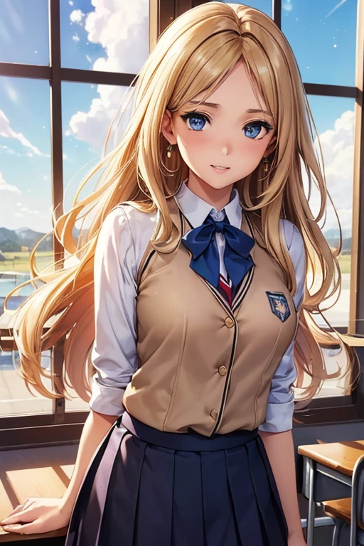 #Basics A girl is posing for a photo, animeのかわいい女の子,  ((One Girl)), (((:1.2)) + ((cute:1.3))), 
break 

#Clothing Accessories 
((school uniform)) : ((A school blazer with a blue base and white accents)) + ((A pleated skirt with a white base and red check pattern)) + (A tie with a red base and blue diagonal lines) + ((Black Pantyhose)) + (Brown Loafers),  
((Red earrings)), 
break 

#Features 
(((Blonde)), (Bangs that reveal the forehead + I can see a beautiful forehead), Hair blowing in the wind, (Long Hair : Long Hair + Wavy Hair)), 
((Droopy eyes:1.4, Big eyes:1.2), blue eyes), (Small breasts), 
break 

#background environment 
((noon + Sunshine + School classroom)), 
#Facial Expression Pose  
(smile), ((Model pose, Dynamic Pose, Stand by the window)), 
#composition 
((Face the camera, (Focus from the front), Cowboy Shot)), 
break 

#Body parts elements 
(Slim figure), 
(Detailed Hair, Beautiful Hair, Shiny Hair), 
(double eyelid, Long eyelashes), 
(Expression of fine eyes, Beautiful and delicate eyes, Sparkling eyes, Eye Reflexes, Glitter Eyeliner), 
(Human Ear), 
(Beautiful Nose, Thin Nose), 
(Glossy Lips, Beautiful Lips, Thick lips), (Symmetrical facial features), 
(Detailed skin, Textured skin, Beautiful Skin), 
break 

#Quality Image Quality Common 
(((Highest quality)), ((masterpiece)), ((Very detailed))), ((Ultra-high resolution)), ((16K, 1080P)), ((FHD)), 
(Anatomically correct), (Realistic), (3DCG), (oil), 
#Quality image illustration 
((comics, anime)), CG illustration,
