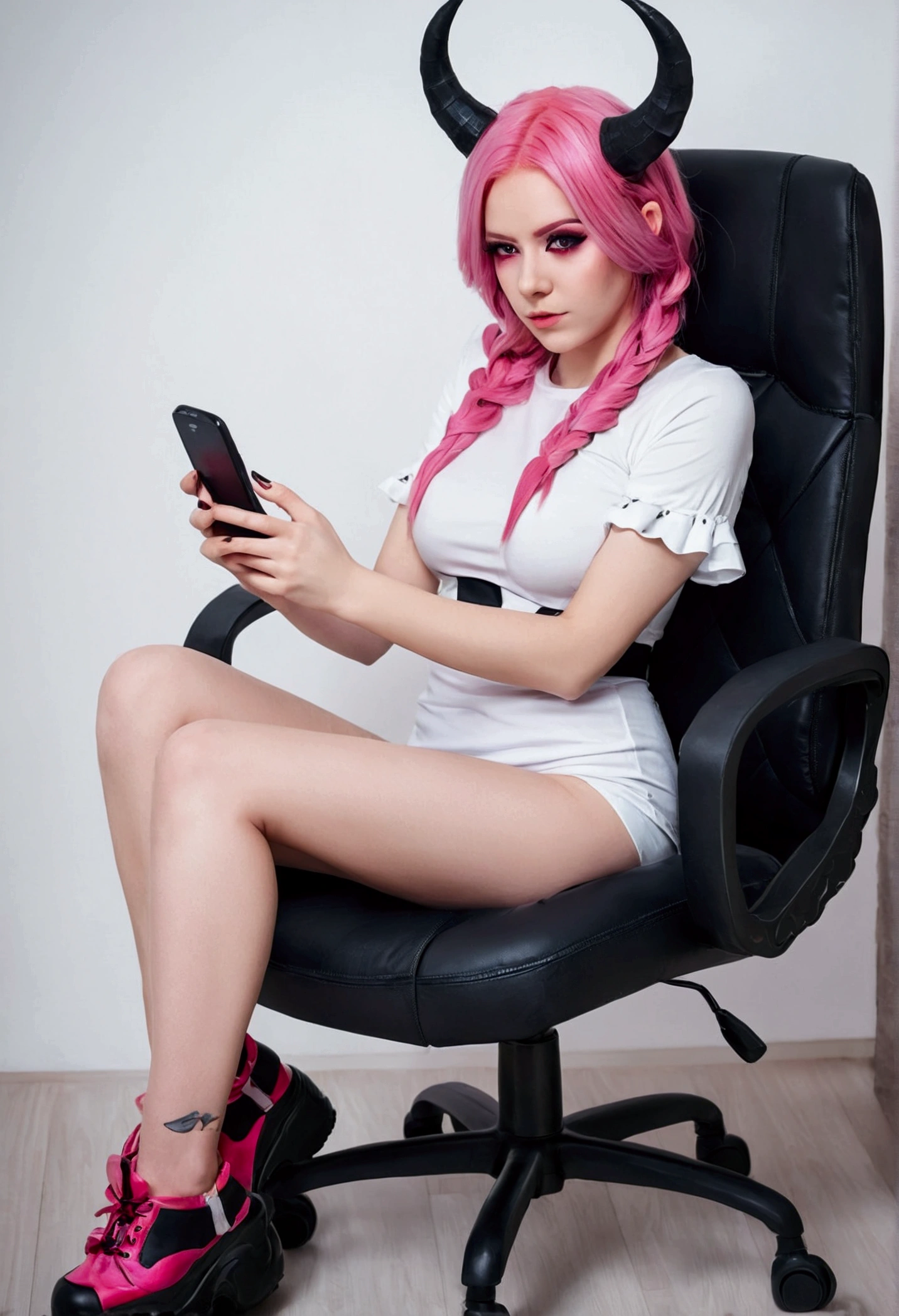 Full height, Young woman, Sitting on a computer chair, Young woman-стример, pink hair, demon cosplay, beautiful, Holding a phone in his hands