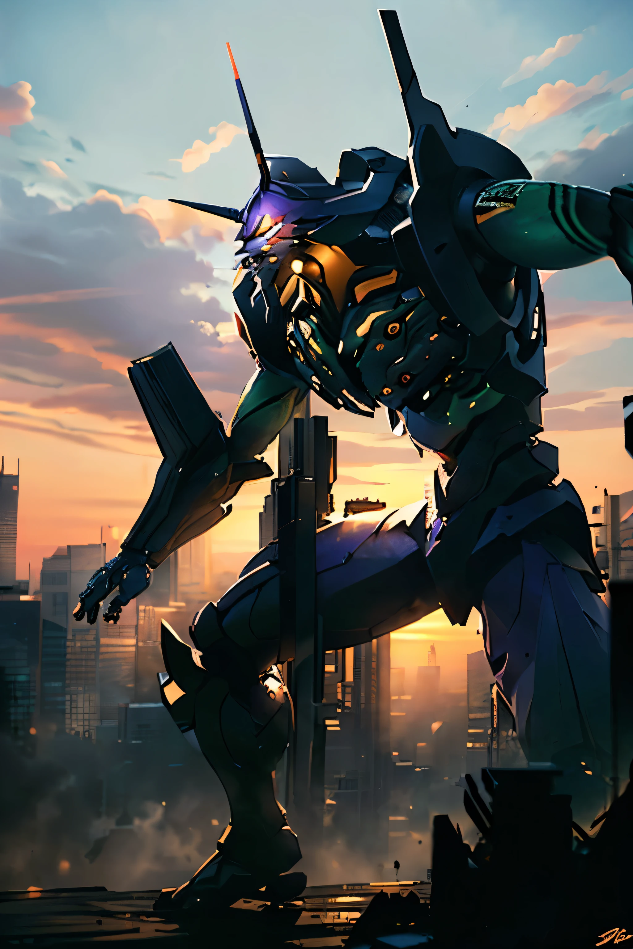 eva01, standing pose, sunset, cityscape, (best quality,4k,8k,highres,masterpiece:1.2),ultra-detailed,(realistic,photorealistic,photo-realistic:1.37), extremely detailed face, intricate mechanical armor, futuristic design, glowing energy, dramatic lighting, vivid colors, full body shot