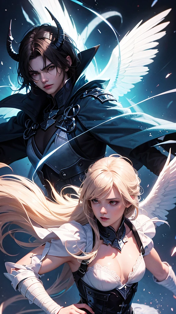 Handsome demon fighting white angels