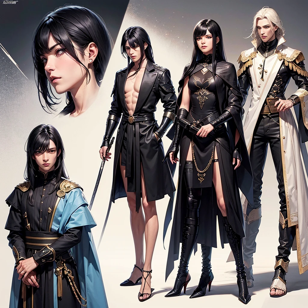 Male character design in various angles. from sideways, Profile, half profile and front. tall and slim. Hair long and dark black. Long bangs covering one eye. Shy appearance. use your eyes. bonitas. Slim and defined man