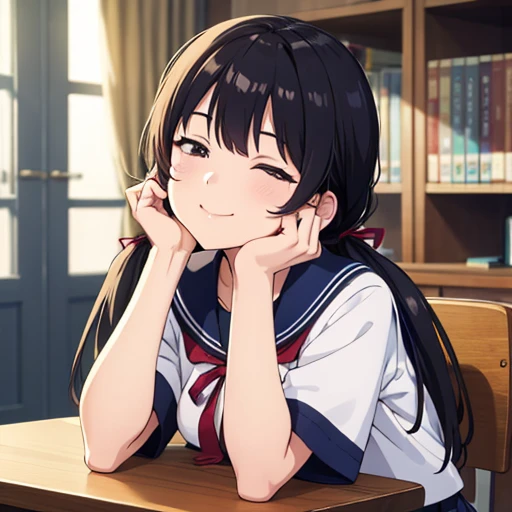1girl, 16yo, (sitting on chair),
(leaning forward, bend over), head tilt,
(lie face down on desk:1.2),
(arms down:1.2), arms on the desk, hands on the desk, hands in front, arms in front,
dynamic,
(closed eyes), happy smile,
indoors, (electric fan), desk, chair, library,
comfortable temperature, (black hair, very long hair), (low twintails:1.2), low pigtails, red hair ribbon,
navy-blue collar, white serafuku with blue ribbon, navy-blue skirt,
(dark brown eye), upper body,
afternoon, summer,
from front, (from above:0.5),
high brightness, detailed face, detailed eyes,
(high quality, ultra detailed, masterpiece, super detail, highres, anatomically correct, UHD),
Japanese anime style, extremely cute, good hands, good fingers